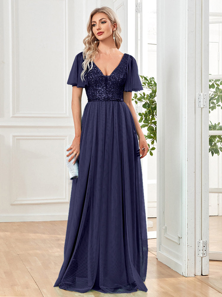 Womens Sexy V-neck Short-sleeve Long Dress by Ricaloux
