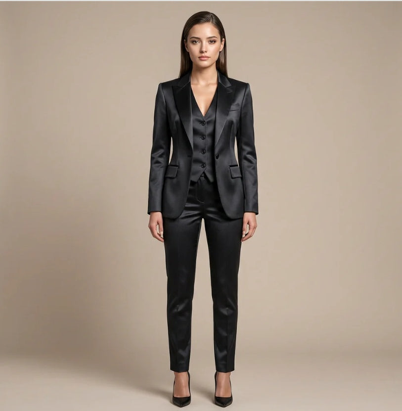 Classic Solid-color Satin Three-piece Set-vest&blazer& Straight-leg Trousers – Premium 4 | RICALOUX