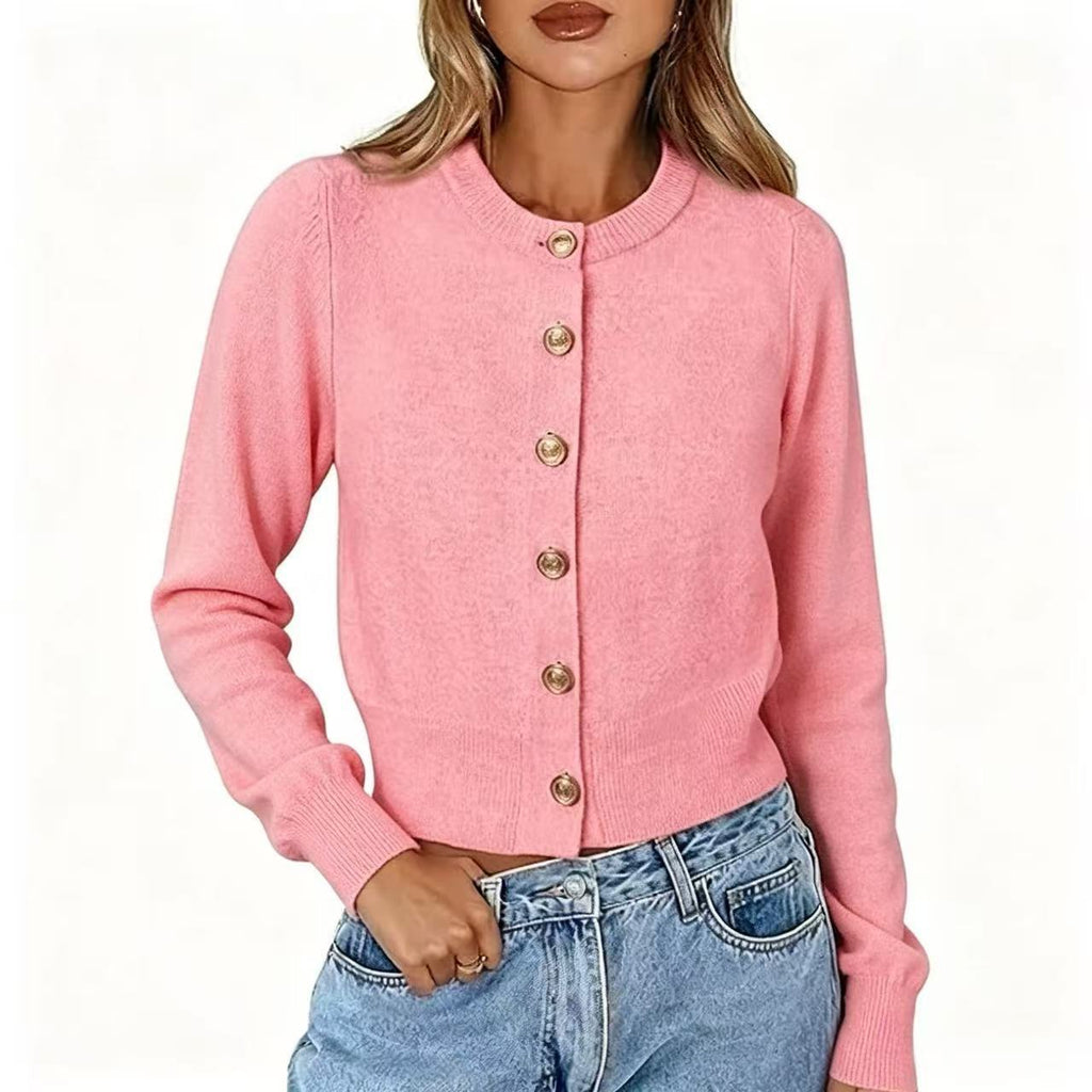 Autumn Casual Crew-neck Single-breasted Long-sleeve Cropped Knit Cardigan – Premium 0 | RICALOUX