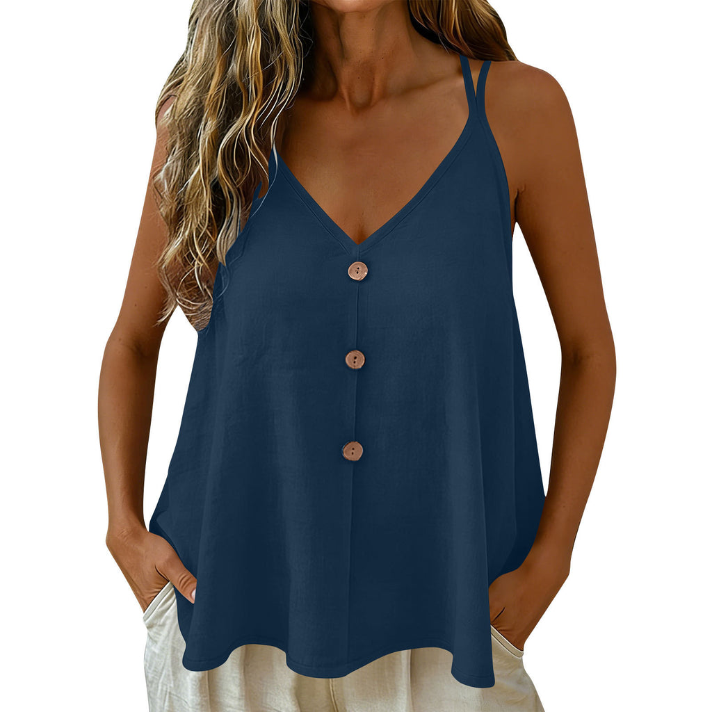 Womens Solid-color Vest With Adjustable Straps And Decorative Buttons by Ricaloux
