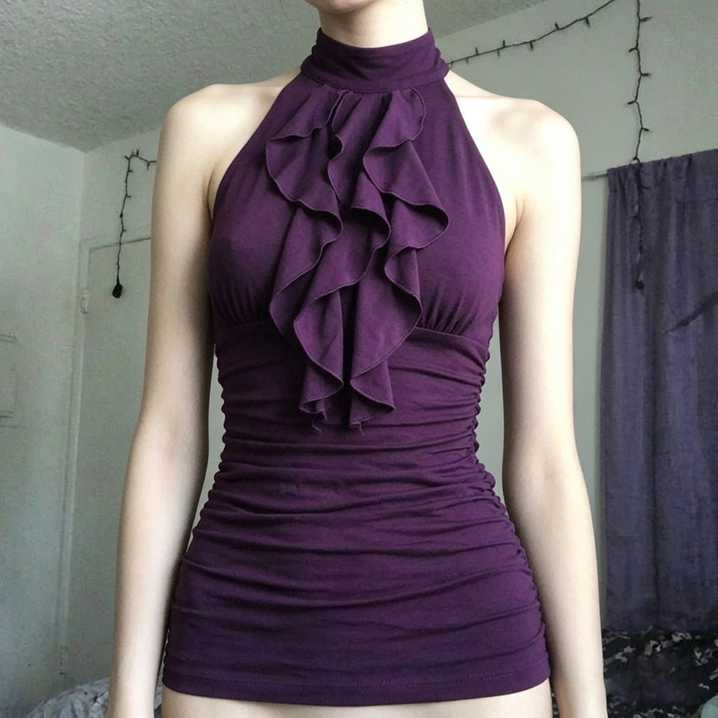 Niche Vintage-style Ruffled Halter-neck Turtleneck Top by Ricaloux