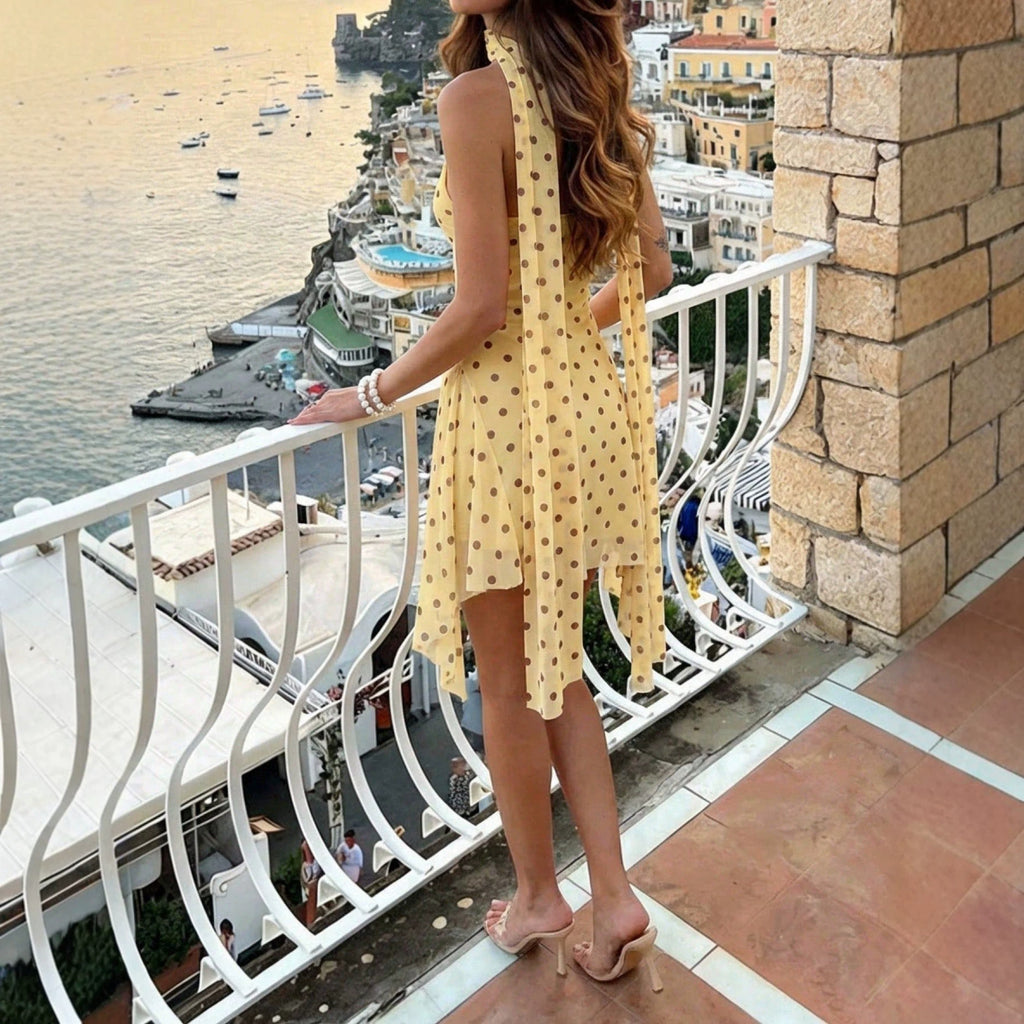 New Strap Halter Dress With Ribbon And Polka-dot Print For Women by Ricaloux
