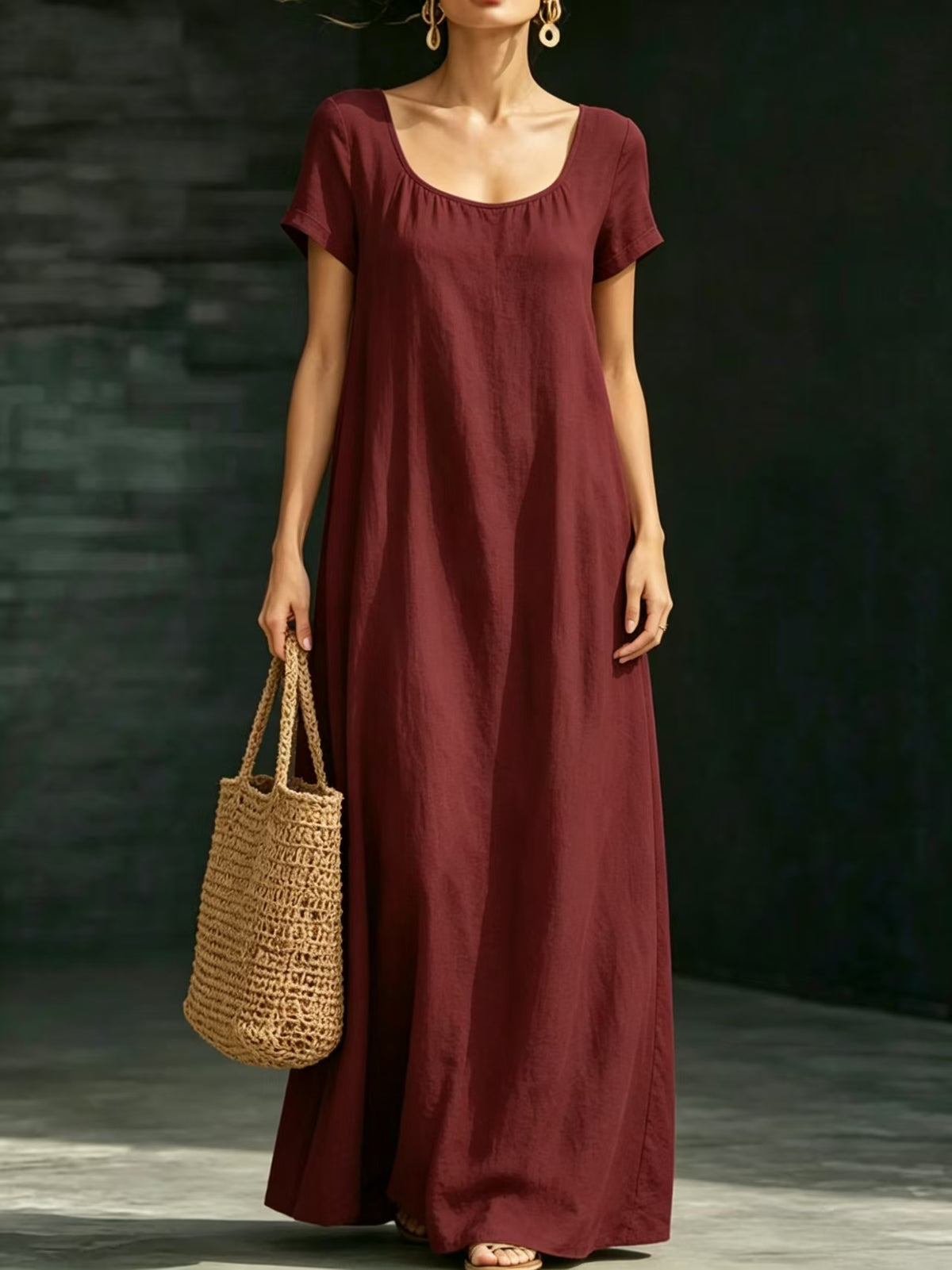 Summer Dress U-neck Short-sleeve Loose Casual Pure Color Full-skirted Long Dress by Ricaloux