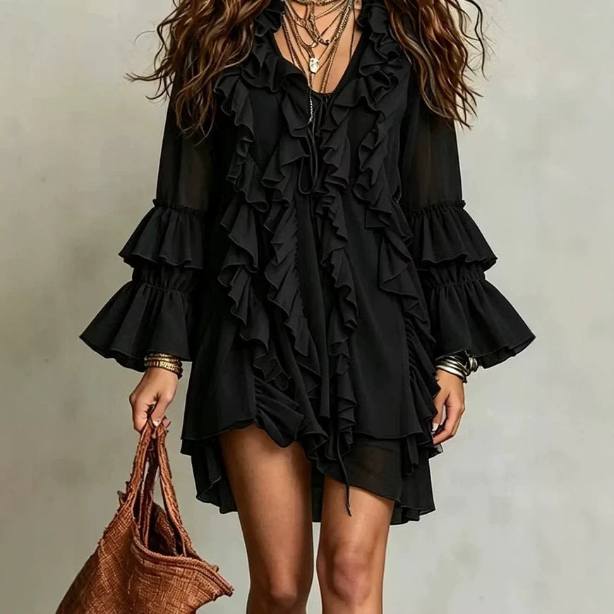 V-neck Ruffled Flared-sleeve Chiffon Dress by Ricaloux