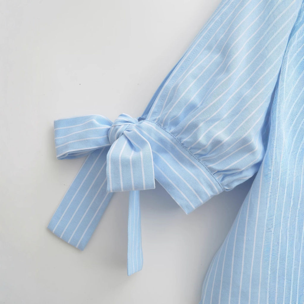 European And American-style Short Striped Blouse With A Bow Detail by Ricaloux