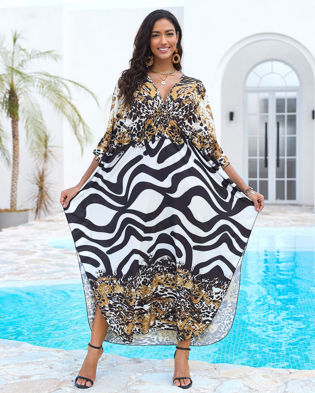 Printed Beach Cover-up Hand-knitted V-neck Plus-size Dress by Ricaloux