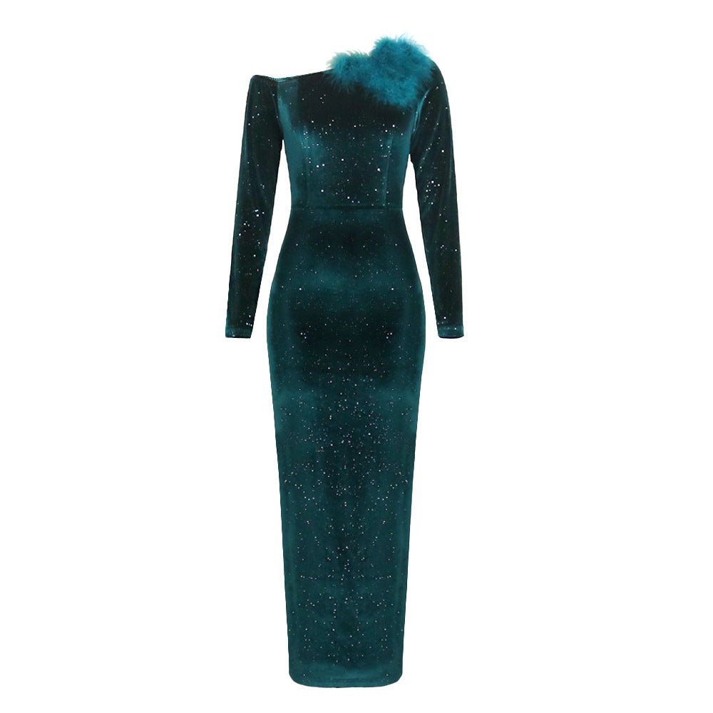 One-shoulder Long-sleeved Sequin Party Banquet Dress Velvet Large Women's Dress - RICALOUX