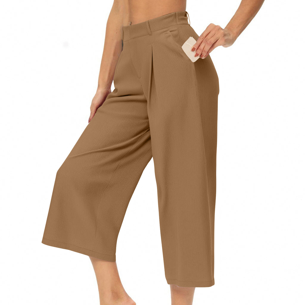 Womens Summer Solid-Color Casual High-Waisted Wide-Leg Cropped Trousers With Side Pockets by Ricaloux