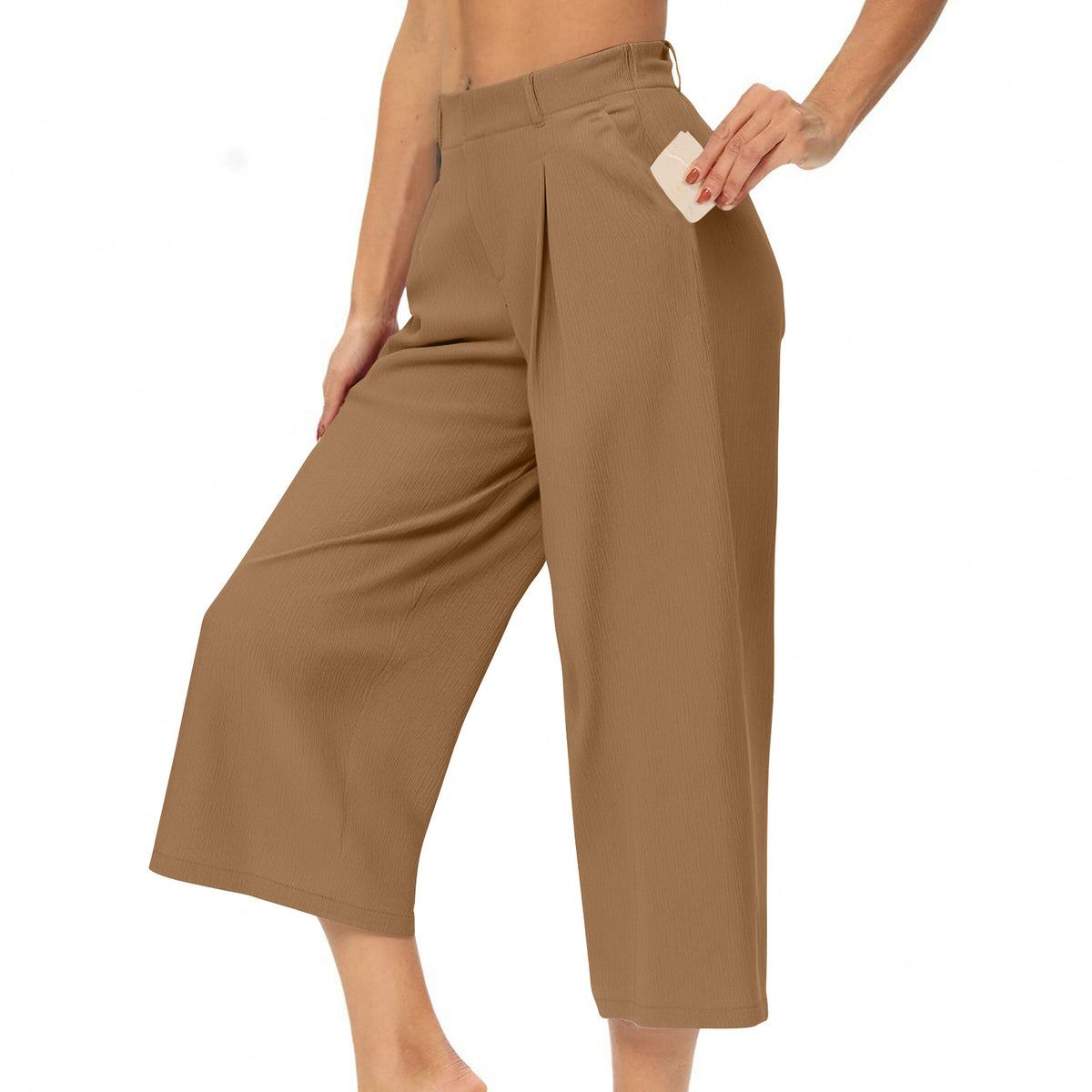 Womens Summer Solid-Color Casual High-Waisted Wide-Leg Cropped Trousers With Side Pockets by Ricaloux