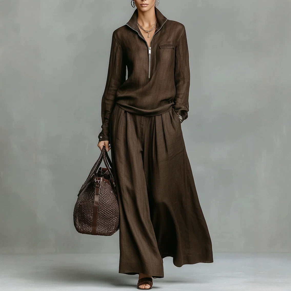 Womens Fashionable Casual Wide-Leg Pants Set With Zippers by Ricaloux