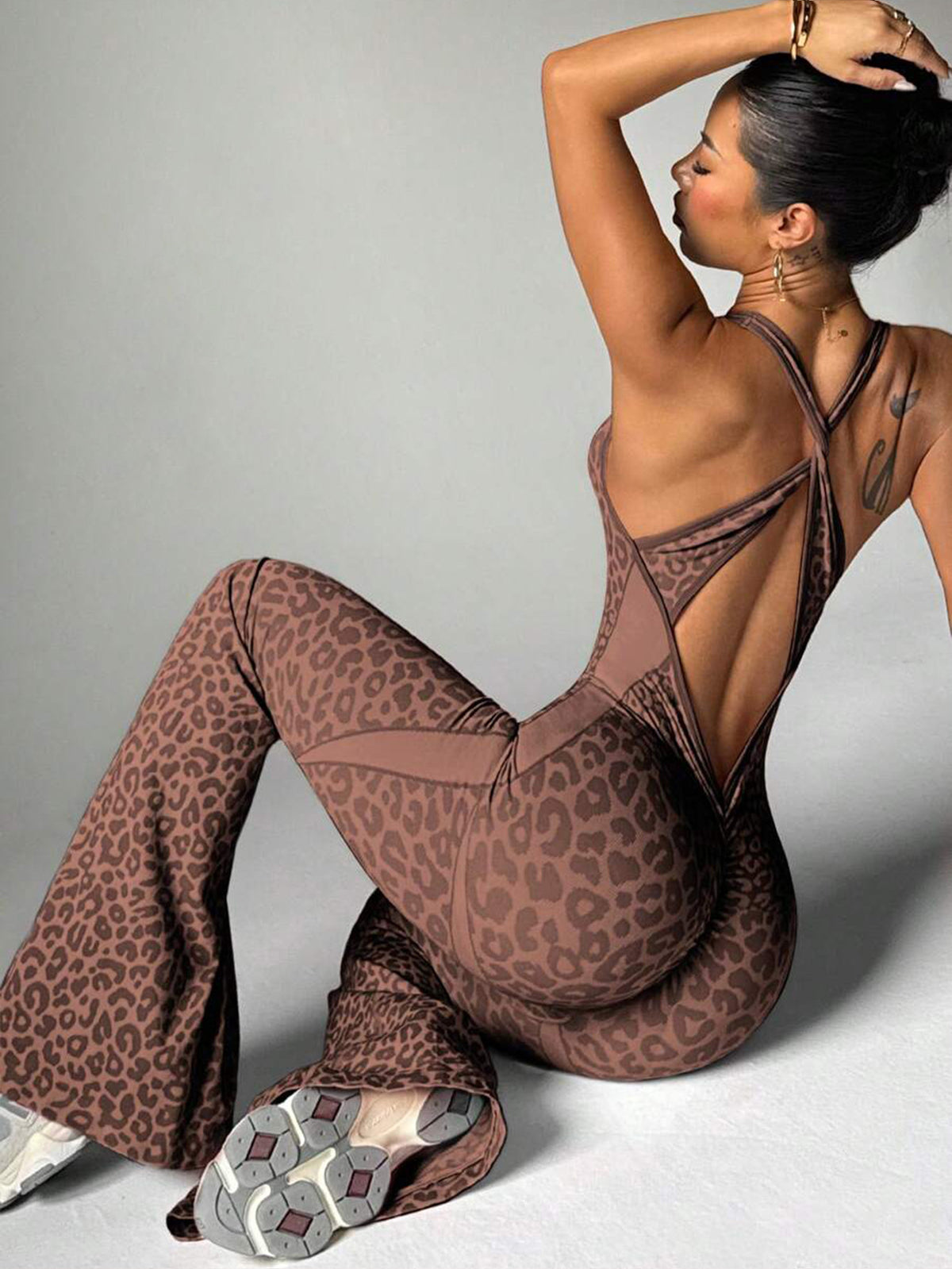 Women's Leopard Print Crisscross Back Seamless One-Piece Yoga Jumpsuit For Fitness & Sports by Ricaloux
