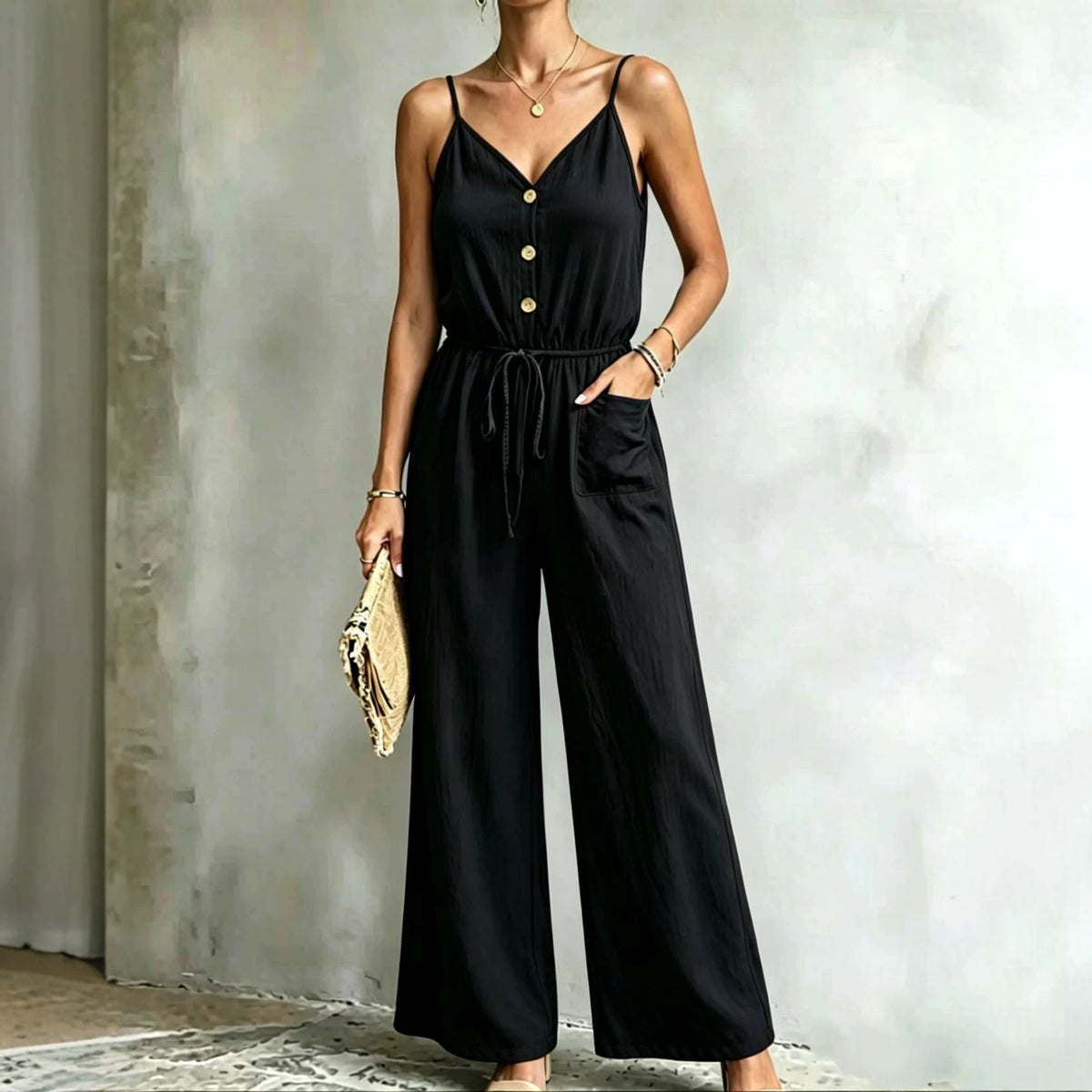 Womens Solid-color Casual Belted Strap Jumpsuit by Ricaloux