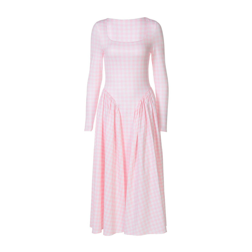 Sexy Tartan Skirt Fashion High Waist Big Swing Long Sleeve Dress - RICALOUX