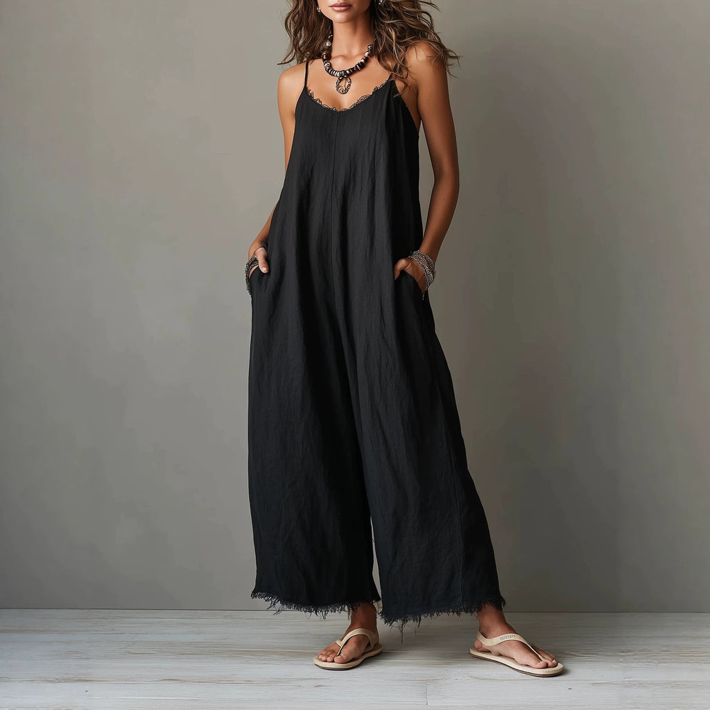 Womens Loose-fitting Solid-color Wide-leg Jumpsuit With Straps by Ricaloux