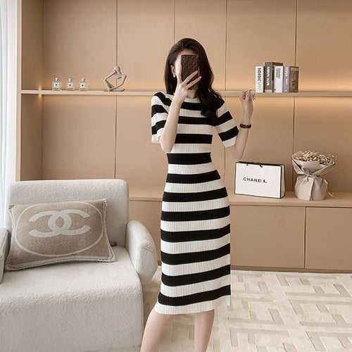 Black And White Striped Viscose Knit Midi Dress With Color-blocking by Ricaloux