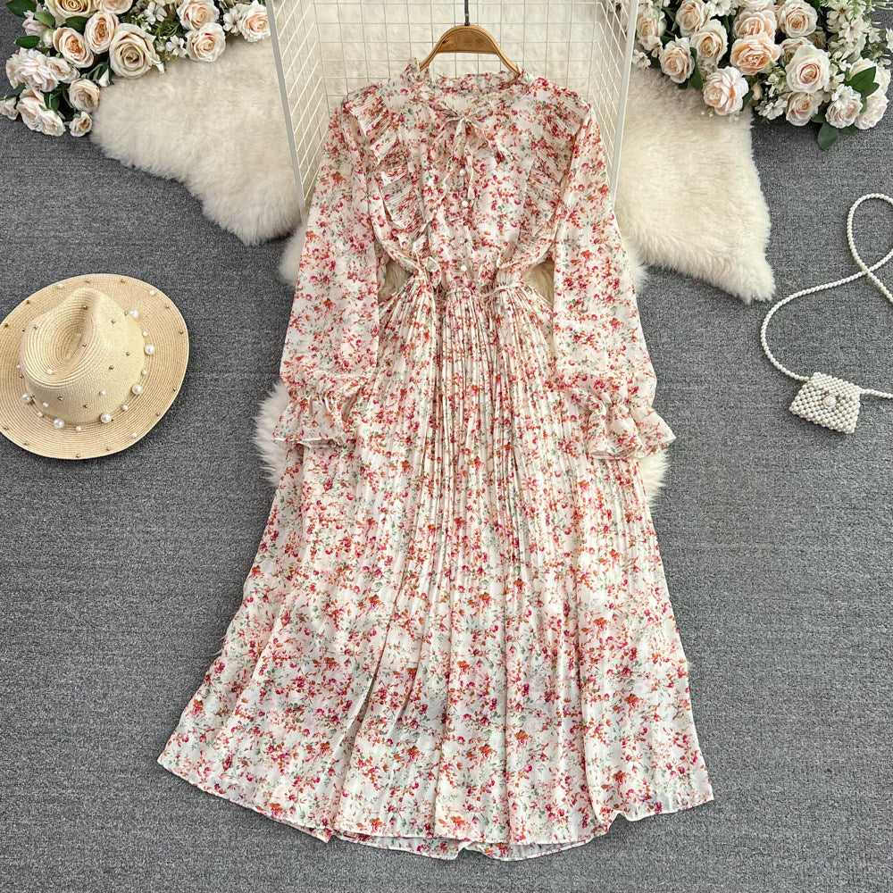 Womens Casual Round-neck Chiffon Dress With Ruffled Trim And Floral Print by Ricaloux
