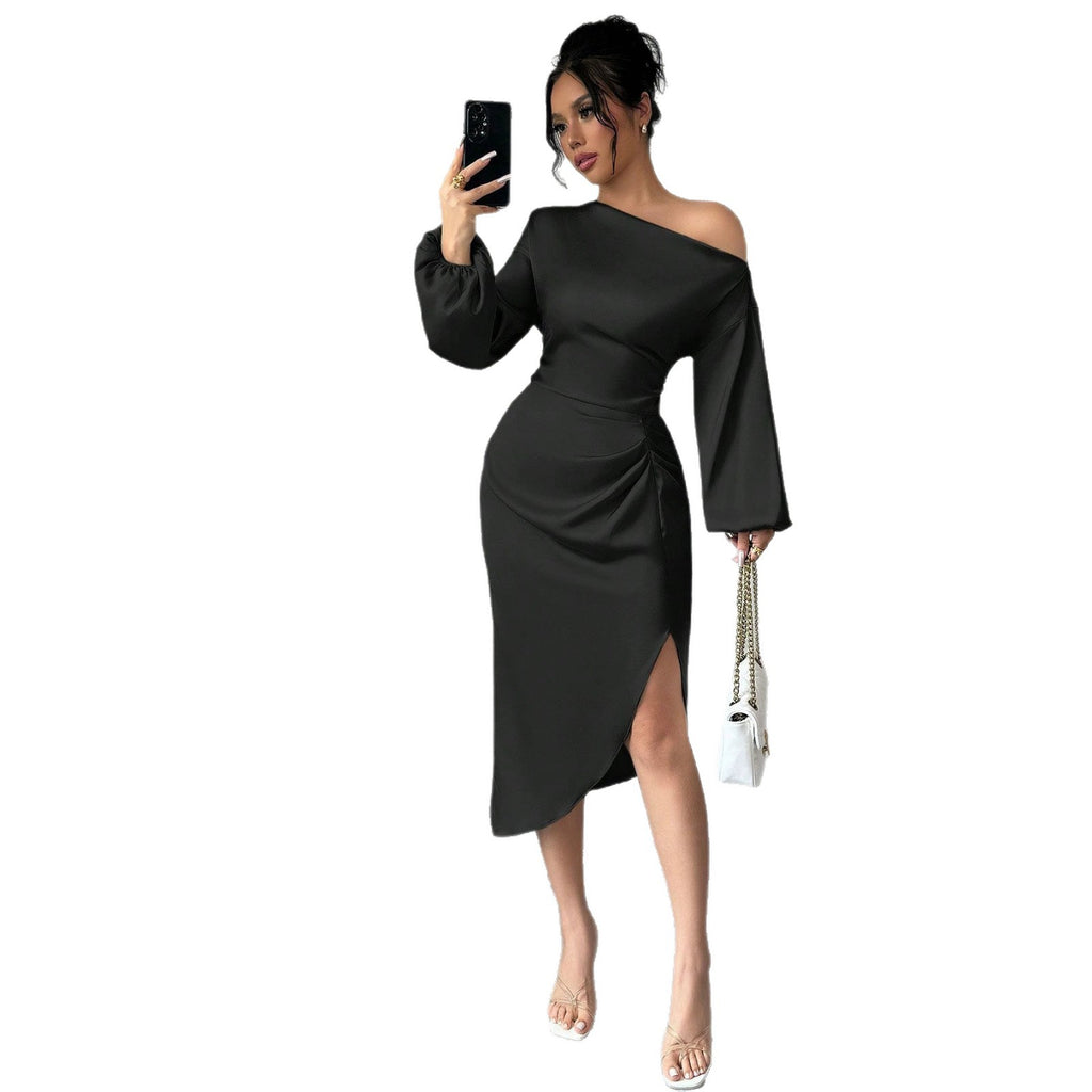 Off Shoulder Long Sleeve Dress With A Slanted Neckline by Ricaloux