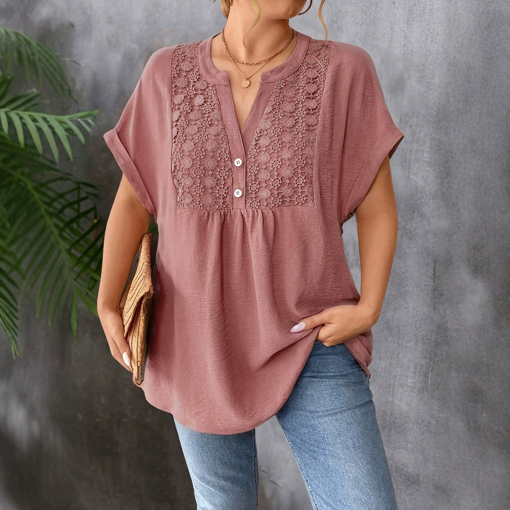 Womens Solid-Color Lace V-Neck Short-Sleeve Top With Buttons by Ricaloux