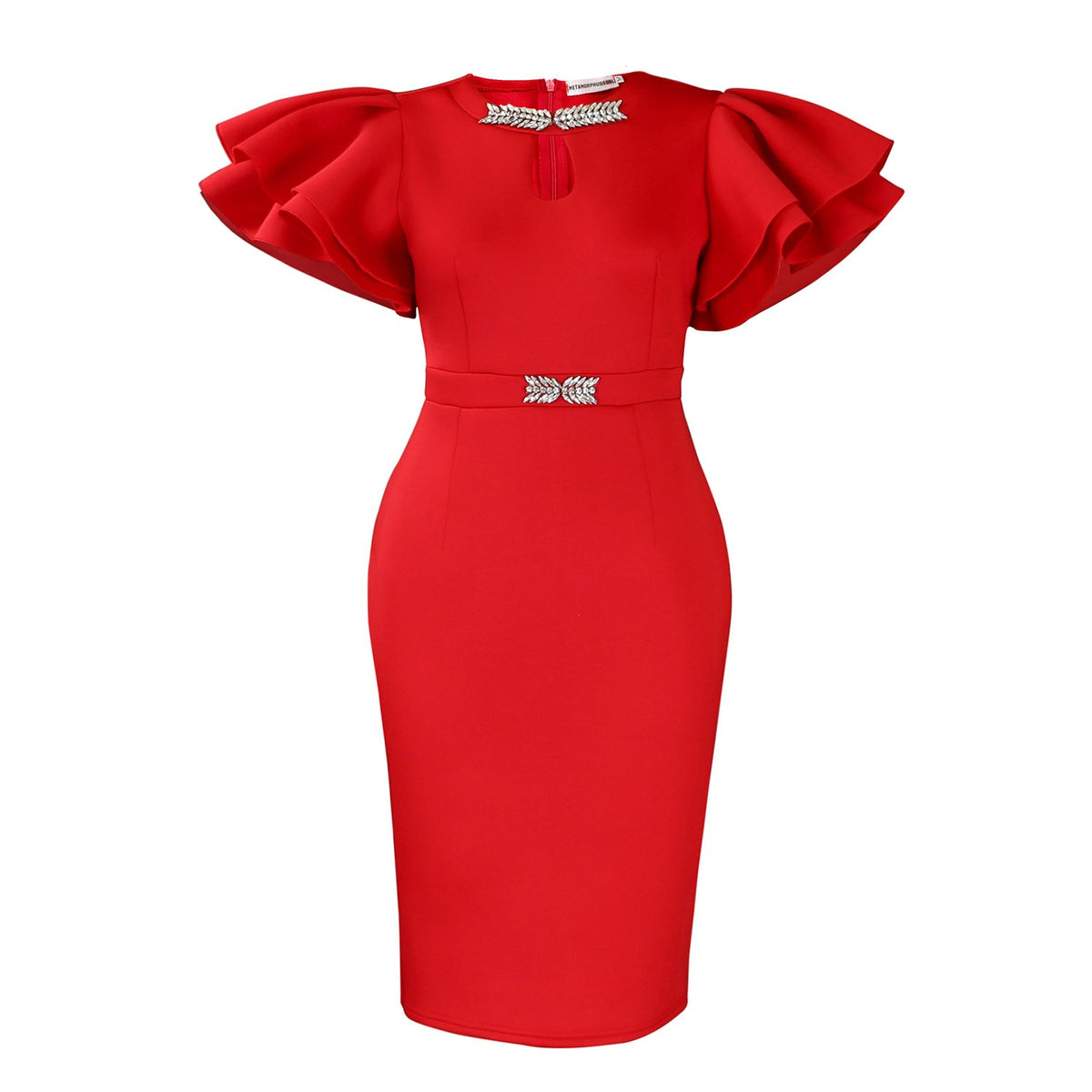 Summer Crew-neck Ruffled-sleeve Rhinestone-embellished Sheath Dress by Ricaloux