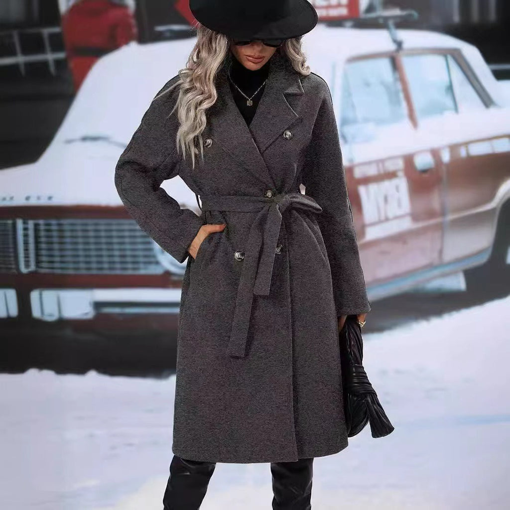 New Solid Color Lapel Thickened Woolen Coat, Long Double-breasted Jacket With Waist Tie For Spring by Ricaloux