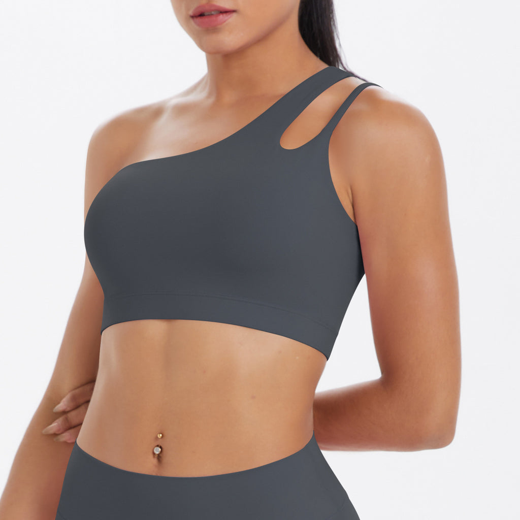 One-Shoulder Back-Slimming Yoga Bra Nude-Looking Push-Up Sports Underwear by Ricaloux