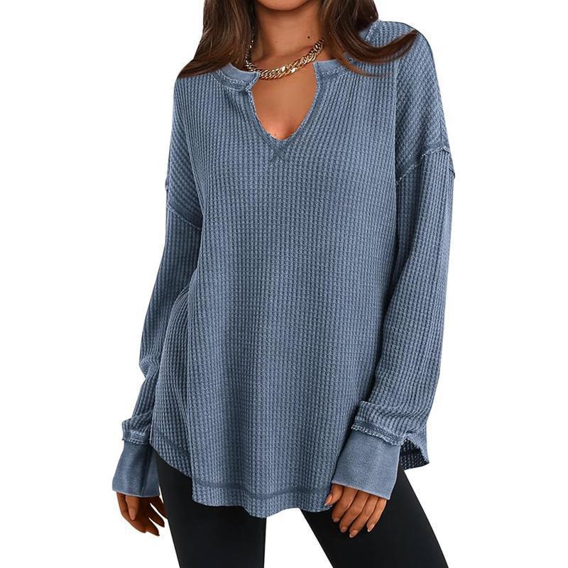 Womens AutumnWinter Casual Knitted Sweater Solid-Color Long-Sleeve V-Neck Waffle-Weave Hoodie Top by Ricaloux