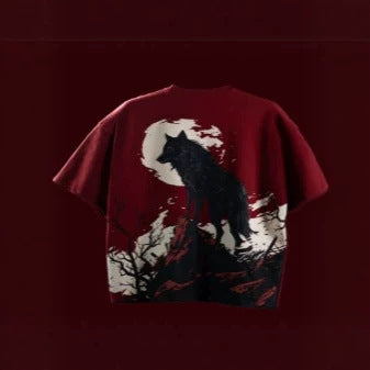 American-style High-street Wine-red Drop-shoulder T-shirt by Ricaloux