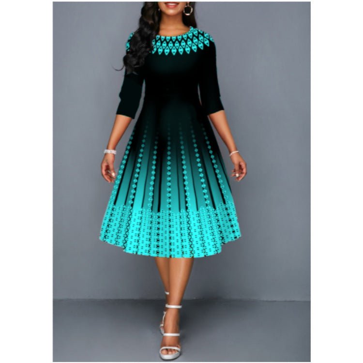 Women's Fashionable Printed Graceful Half Sleeve Waist Dress - RICALOUX