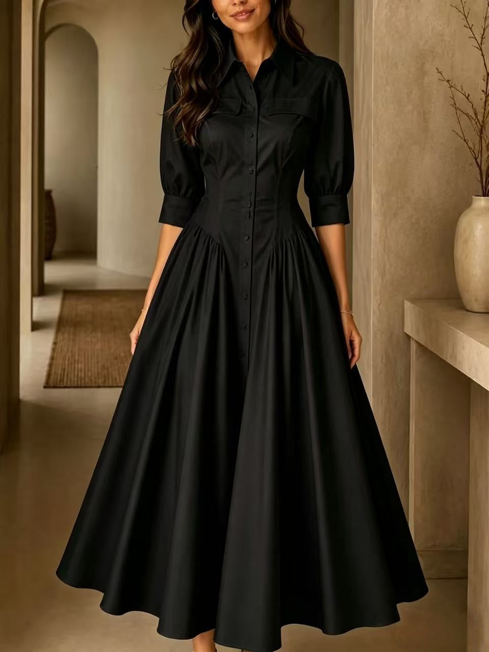 Cotton-linen Blend Single-breasted High-waisted Solid-color Dress by Ricaloux