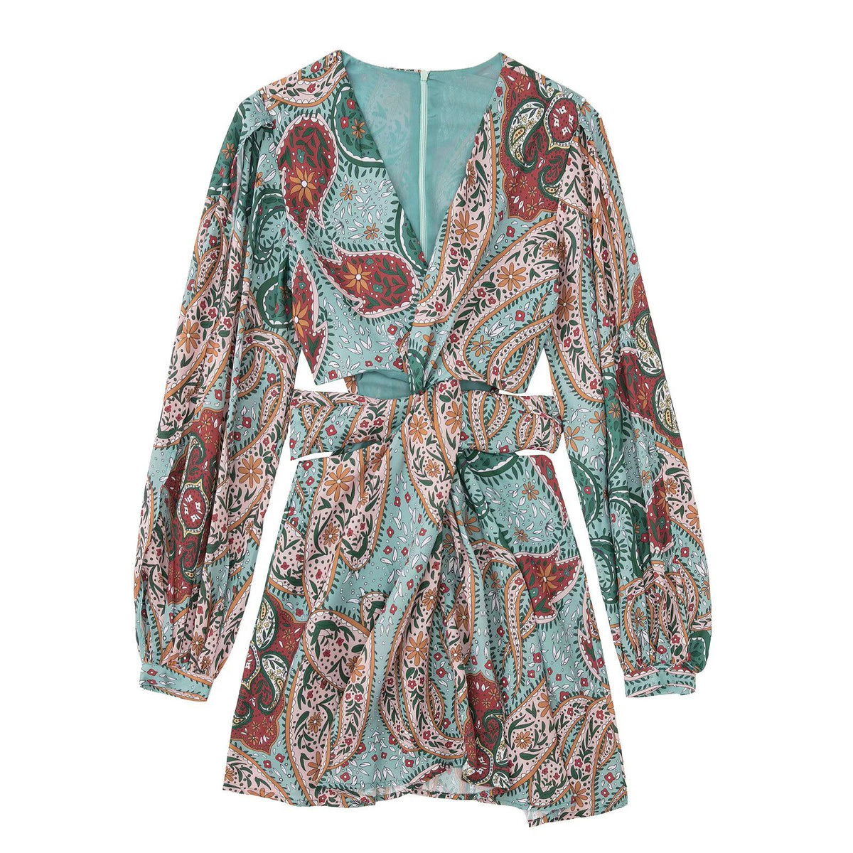 Womens Vintage V-Neck Pistachio-Print Chiffon Dress by Ricaloux