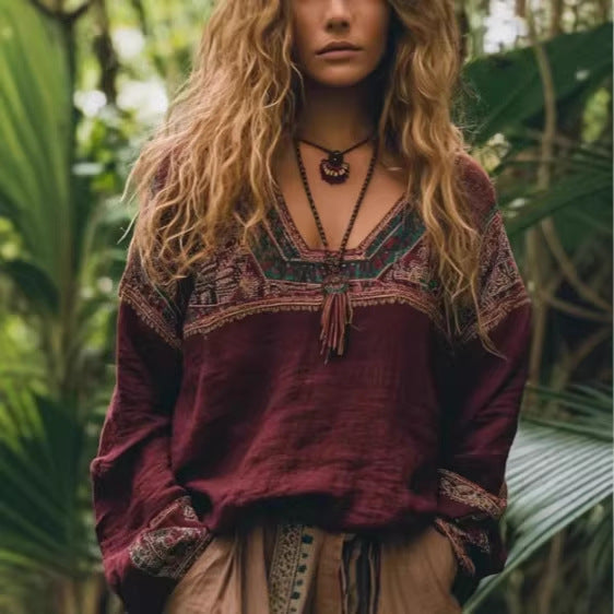 Ethnic-style Casual V-neck Long-sleeve Blouse by Ricaloux