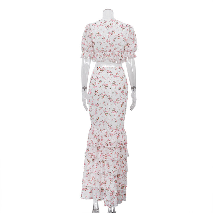 Square Neck Short-sleeved Crop Top And Bodycon Skirt Two-piece Set by Ricaloux