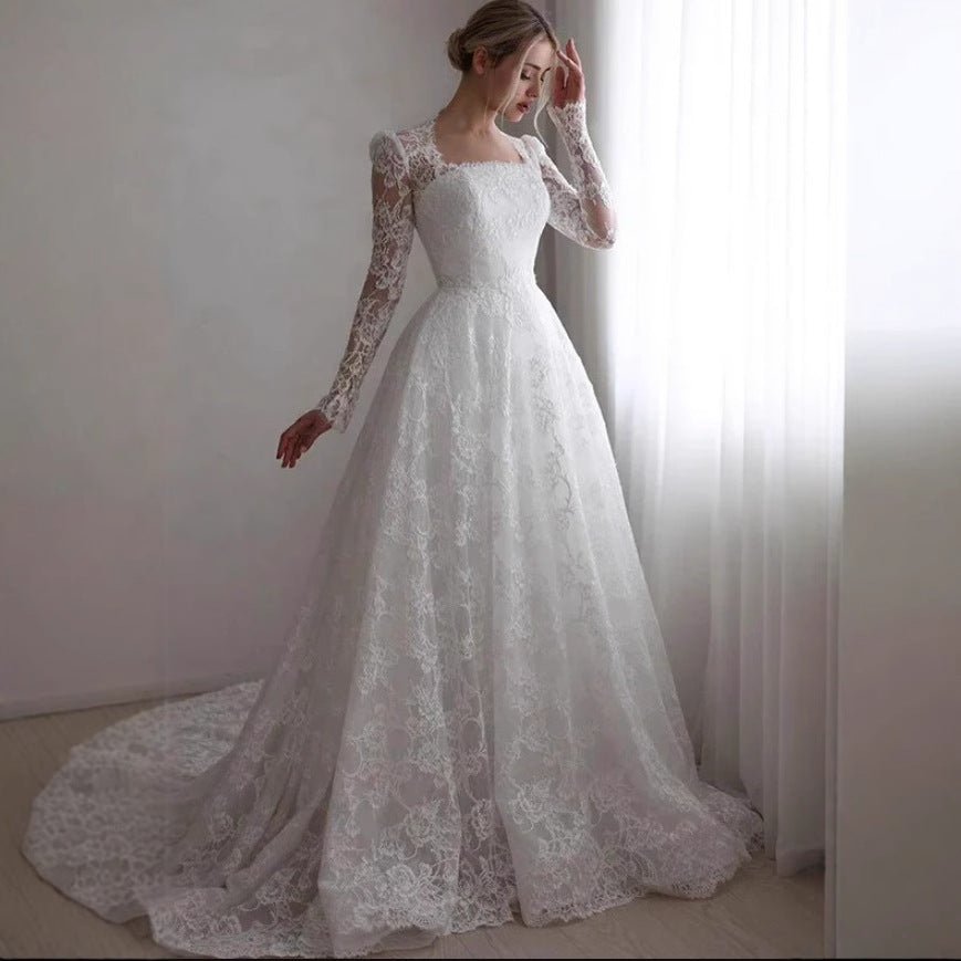 Embroidered Long Sleeve Trailing Wedding Dress - RICALOUX