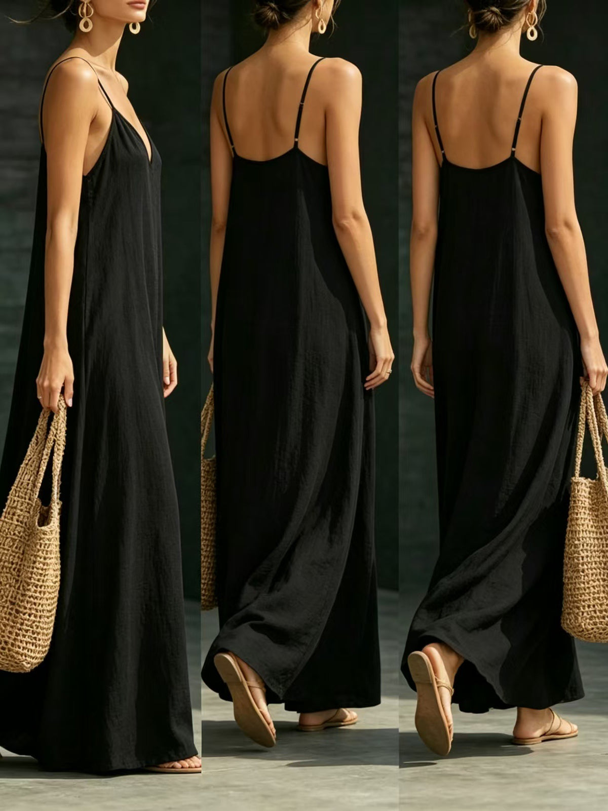 Summer V-Neck Spaghetti Strap Flowy Maxi Dress - Casual Fashion Solid Color Long Dress For Women Vaction Dress – Premium 4 | RICALOUX