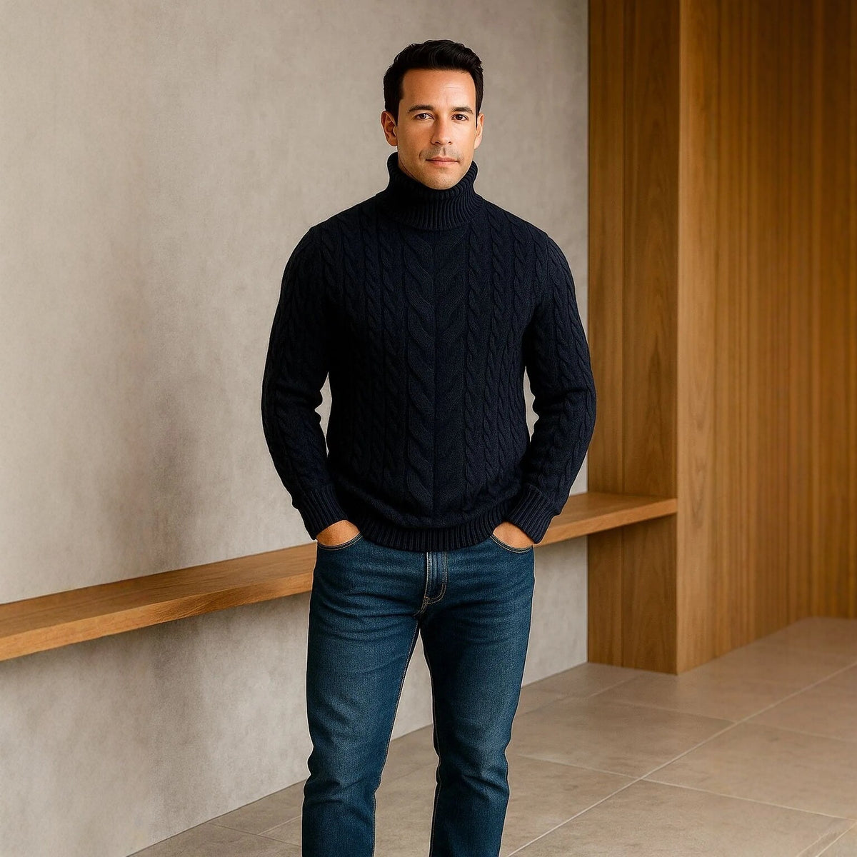 Mens Turtleneck Cable-Knit Sweater In Plus Sizes by Ricaloux