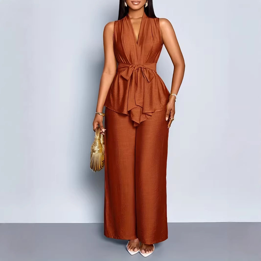 Womens V-neck Sleeveless Asymmetrical Top And Wide-leg Pants Set by Ricaloux