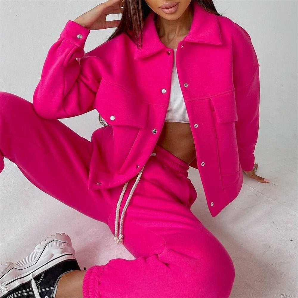Casual Long-sleeve Two-piece Set Single-breasted Jacket And Sweatshirt by Ricaloux