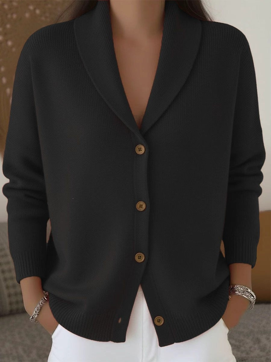 Womens Knitted Cardigan Loose-Fit Lazy Style Soft And Cozy Notch Lapel Solid Color Long-Sleeve Sweater by Ricaloux