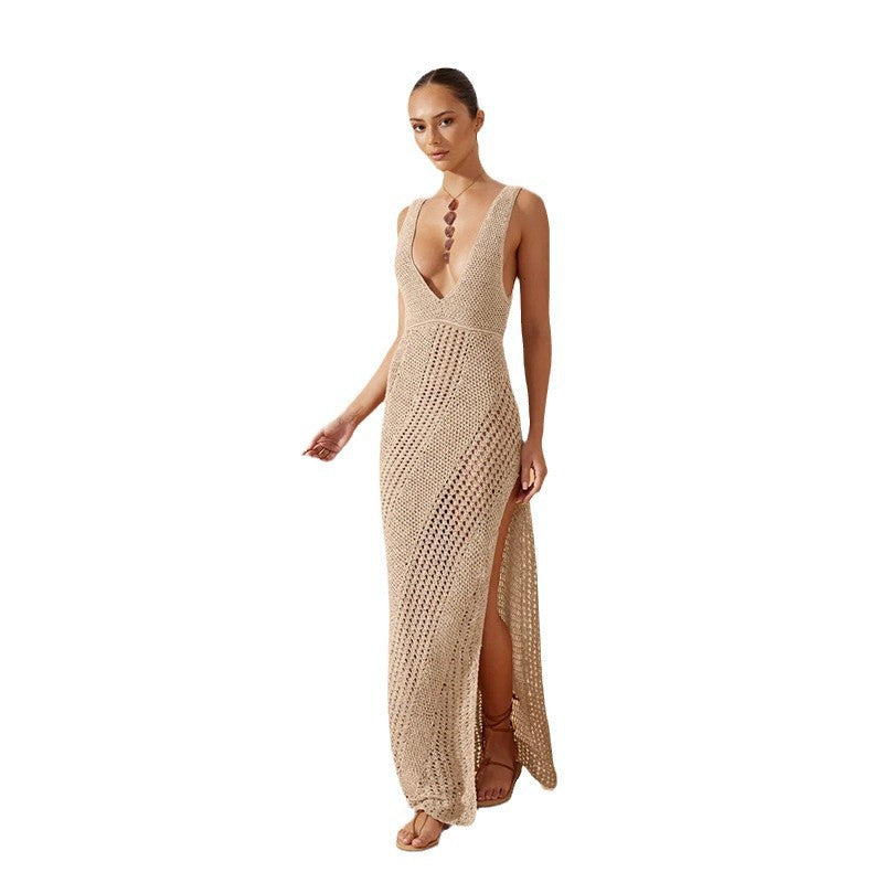 European And American-style Solid-color Sexy V-neck Slit Knit Beach Dress For Women by Ricaloux