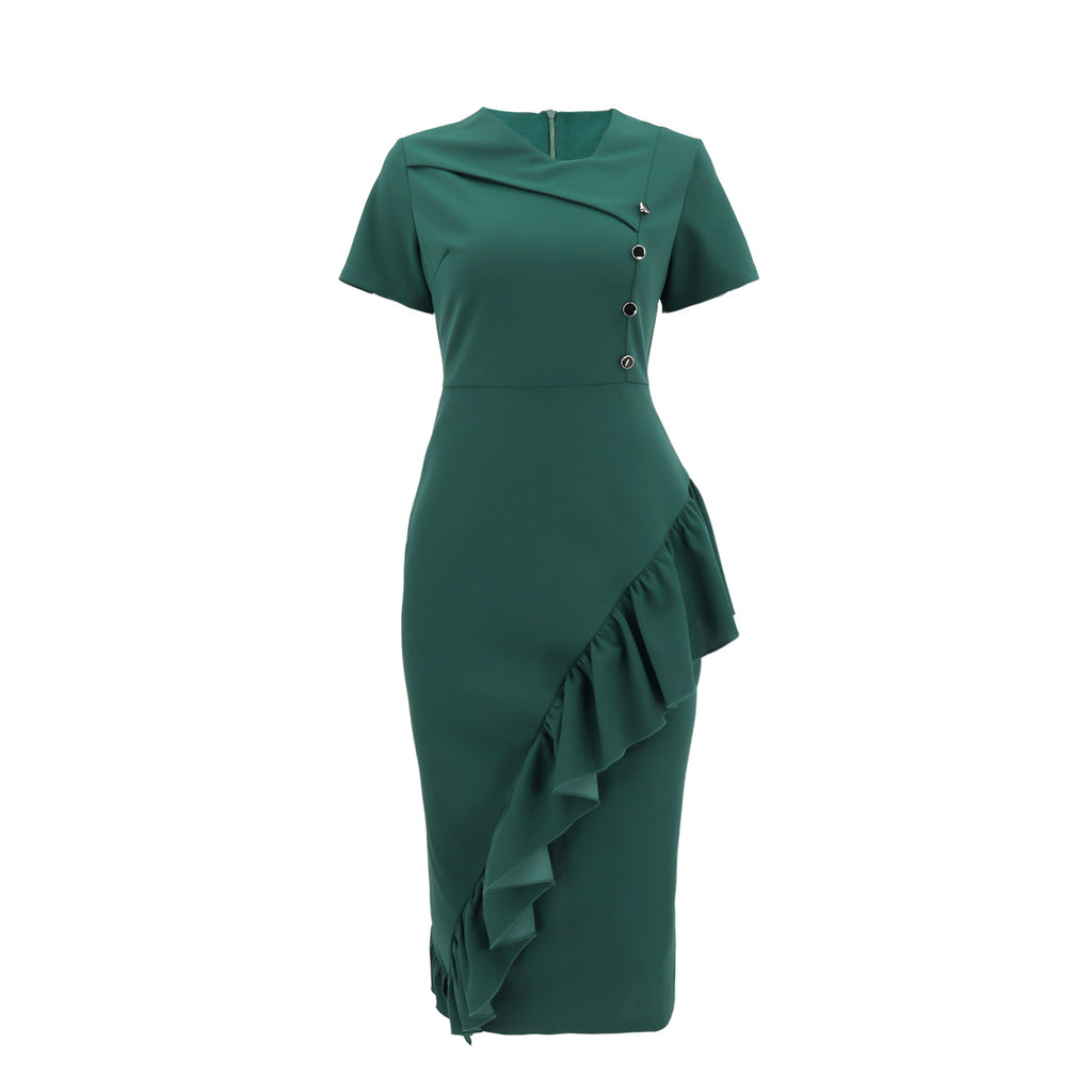 Womens Casual And Elegant Short-sleeve V-neck A-line Dress With Ruffled Hem And Buttons by Ricaloux