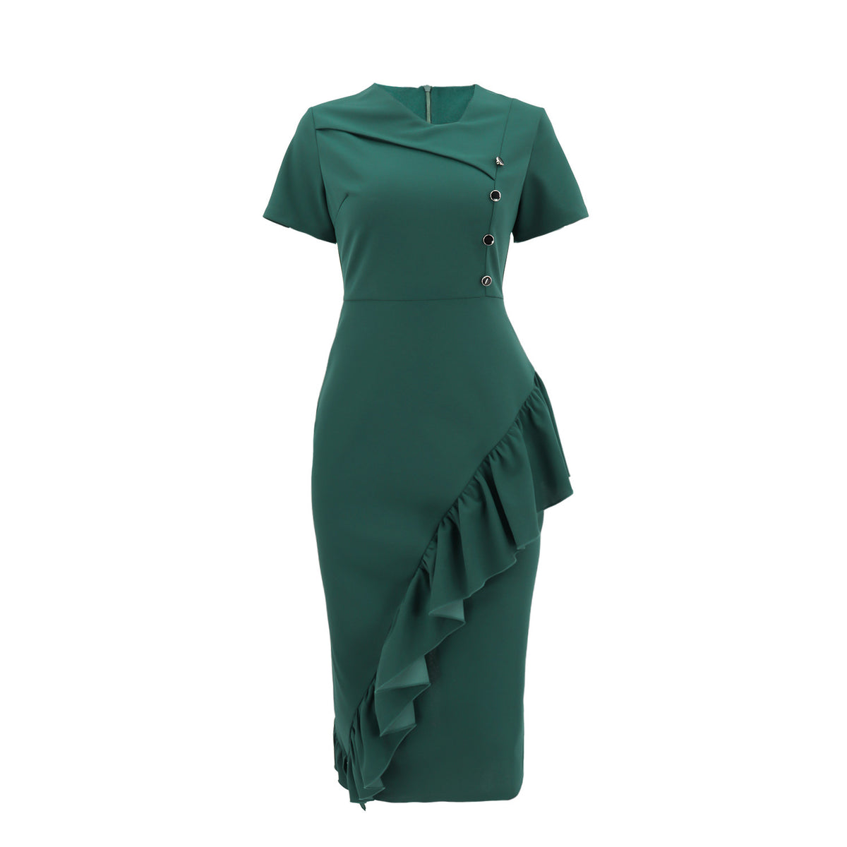 Womens Casual And Elegant Short-sleeve V-neck A-line Dress With Ruffled Hem And Buttons by Ricaloux