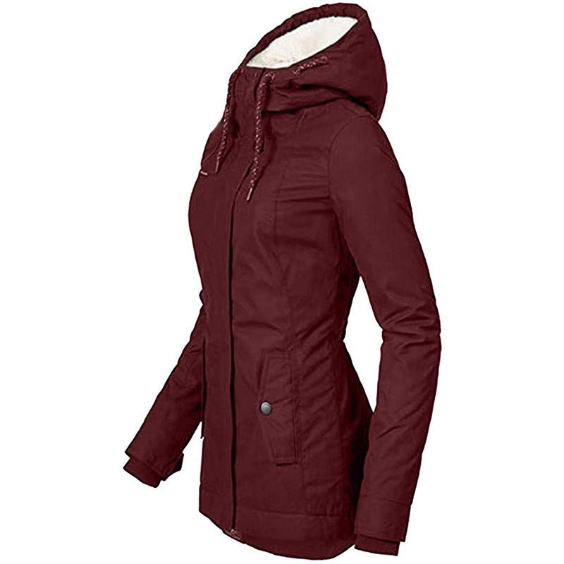 Solid Color Pocket Long-sleeve Zipper Fleece Padded Coat Women - RICALOUX