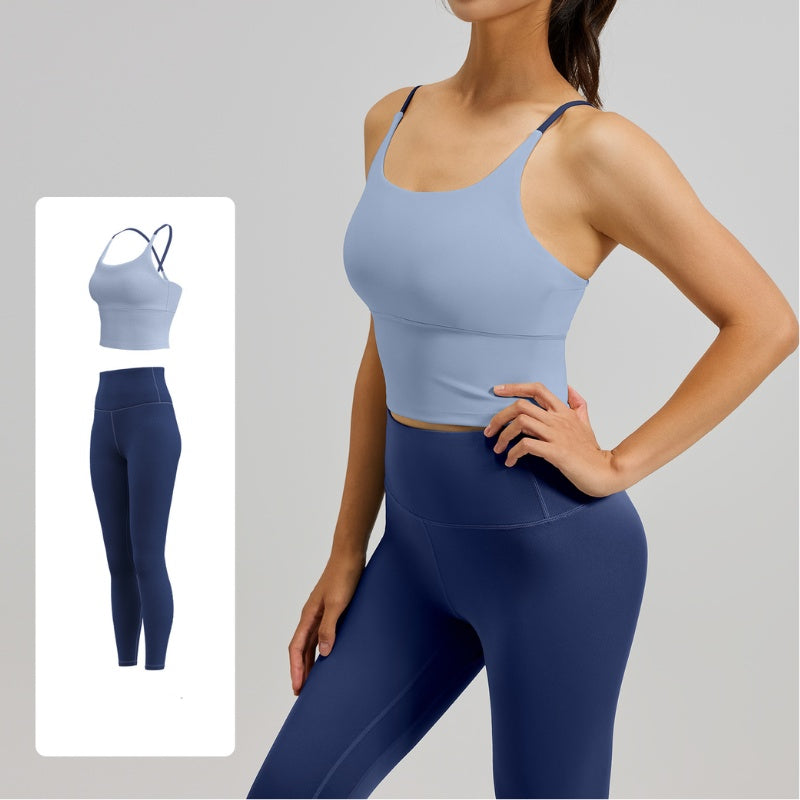 Women's Two-Piece Sports Fitness Outfit With Camisole Top & Long Pants, Color Block Shockproof Yoga Wear For Indoor Training – Premium 4 | RICALOUX