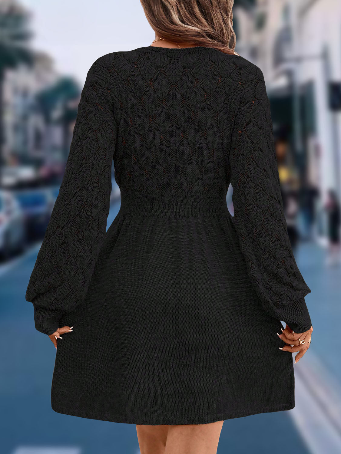 2025 Cross-Border Women V Neck Maxi Beach Dress, 3D Scale Textured Crochet Knit Long Sleeve A-Line Swim Cover Up Dress For Summer Vacation by Ricaloux