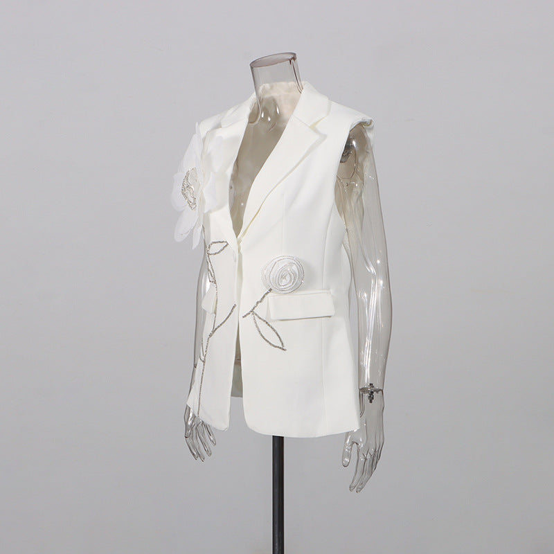 Tailored Sleeveless Blazer Vest & Wide Leg Trousers 2 Piece Floral Embroidery Suit Co-ord by Ricaloux