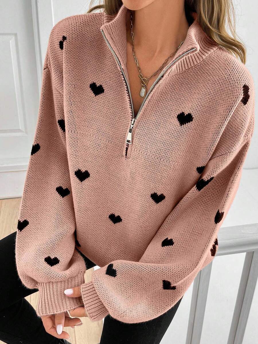 Womens Knitted Long-sleeve Sweater With A Heart-pattern Zipper – Premium 0 | RICALOUX