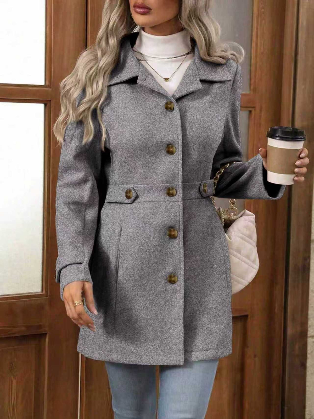 Women's Solid Color Wool Blend Coat, Fashion Lapel Button Up Casual Elegant Overcoat For Autumn by Ricaloux