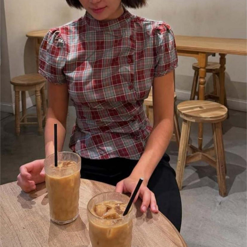 Korean-style Retro Color-block Plaid Stand-collar Short-sleeve Shirt by Ricaloux