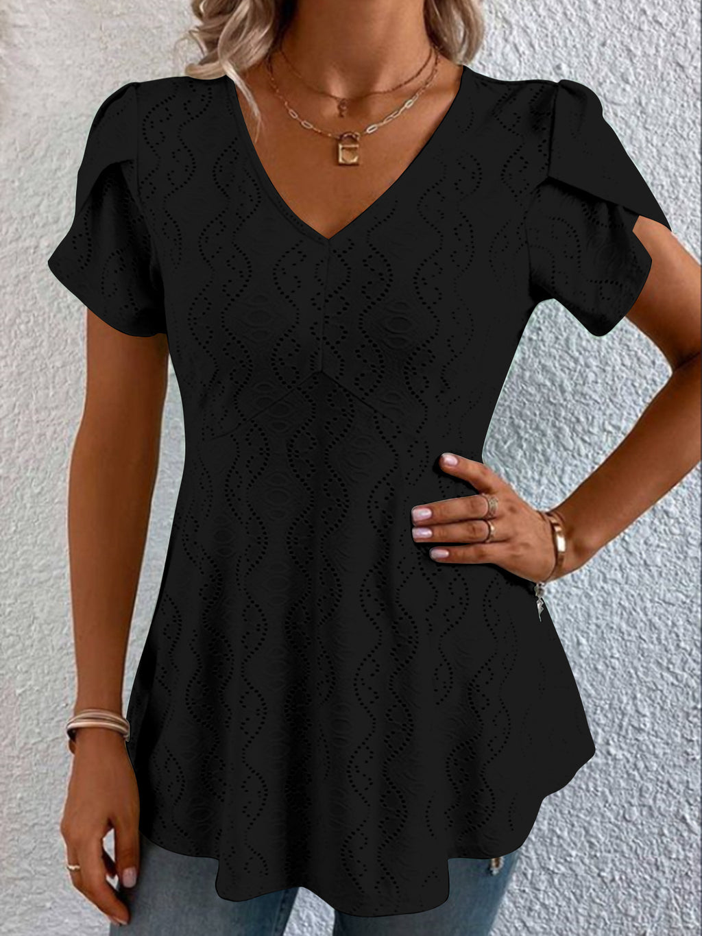 Solid-color V-neck Flutter-sleeve Casual by Ricaloux