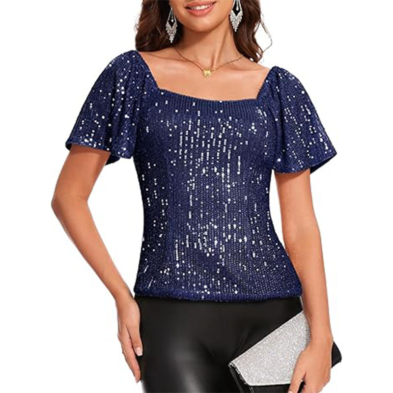 Womens Fashionable Square-neck Short-sleeve Sequin Puffed Sleeves – Premium 0 | RICALOUX